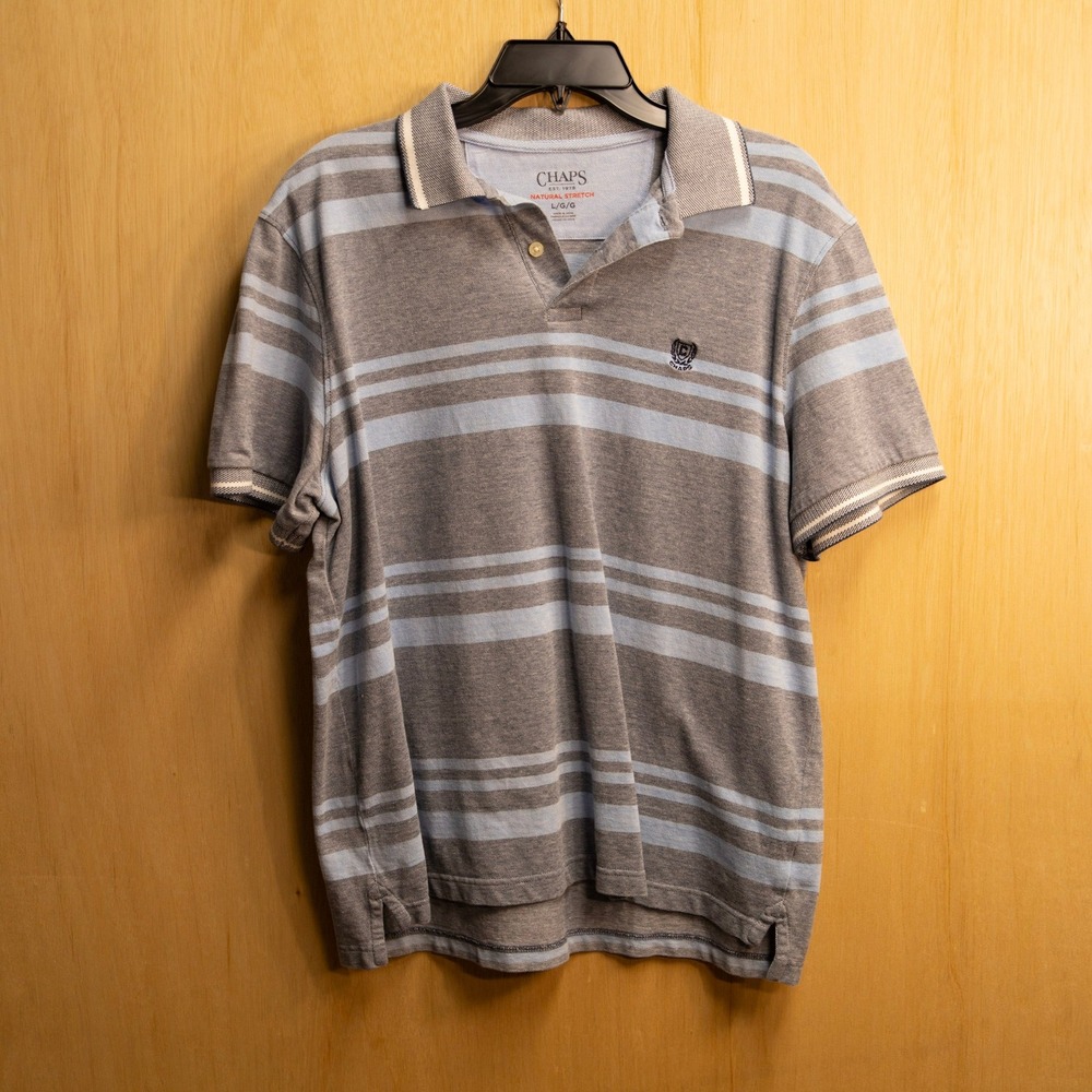 Chaps Preppy Blue Gray Striped Natural Stretch Cotton Pique Polo Shirt Large